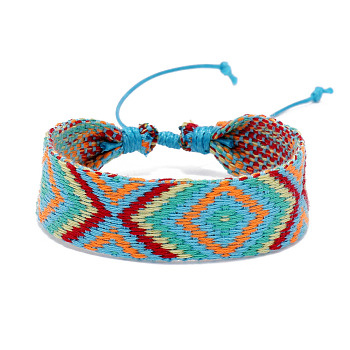 Cotton Braided Rhombus Cord Bracelet with Wax Ropes, Ethnic Tribal Adjustable Bracelet for Women, Turquoise, 7-1/8 inch(18cm)