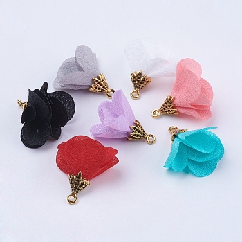 Cloth Flower Pendants, with Alloy Findings, Golden, Mixed Color, 25x24mm, Hole: 1.5mm