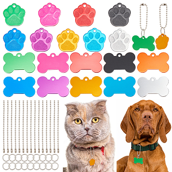 Pet Tag Set, with 19Pcs Aluminium Pendants, with 40Pcs 304 Stainless Steel Jump Rings and 40Pcs Iron Ball Chains, Bone & Dog Paw Prints, Mixed Color, 25~28.5x27~38x1mm, Hole: 2.5~3mm