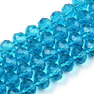 Glass Beads Strands, Faceted, Rondelle, Deep Sky Blue, 10x8mm, Hole: 1mm, about 65~66pcs/strand, 20.8~21.2 inch(53~54cm)(EGLA-A034-T10mm-D34)