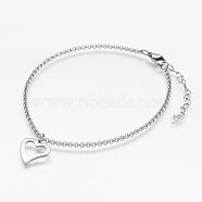 304 Stainless Steel Anklets, with Heart Charm and Rolo Chains, Stainless Steel Color, 9-1/8 inch(23.2cm), 2mm(X-AJEW-AN00199)