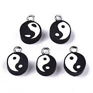Handmade Polymer Clay Charms, with Platinum Tone Iron Findings, Flat Round with Yin Yang, Black, 13~14x9~10x4.5mm, Hole: 1.8mm(CLAY-T016-45)