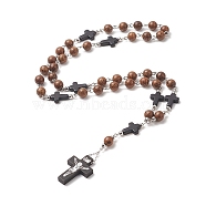 Natural Wood Rosary Bead Necklace, Synthetic Turquoise Cross Pendant Necklace for Women, Sienna, 25.20 inch(64cm)(NJEW-JN04249)