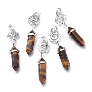 Natural Tiger Eye Pointed Big Pendants, Double Terminated Pointed, with Platinum Plated Brass Findings, Faceted, Bullet, 59~67x14~15mm, Hole: 7x5mm, Gemstone: 41~44x8mm(G-D0021-01P-23)