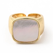 Natural Shell Rectangle Open Cuff Ring, Brass Jewelry for Women, Golden, Inner Diameter: 17mm(KK-A180-42G)