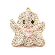Alloy with Glass Rhinestone Pendants, with ABS Pearl,  Halloween Theme, Ghost, Golden, 41x35.5x8mm, Hole: 2mm(FIND-B033-01G-G)