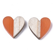 Resin & Wood Two Tone Cabochons, Heart, Coral, 15x14.5x3mm(RESI-R425-04J)