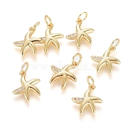 Brass Micro Pave Cubic Zirconia Pendants, with Jump Ring, Long-Lasting Plated, Starfish, Clear, Real 18K Gold Plated, 13x11x2mm, Hole: 3.5mm(X-ZIRC-G166-02G)