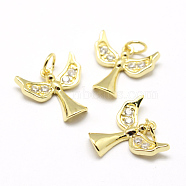 Brass Micro Pave Grade AAA Cubic Zirconia Charms, Angel, Lead Free & Nickel Free & Cadmium Free, Real 18K Gold Plated, 14x14x2mm, Hole: 3mm(ZIRC-P072-01G-NR)