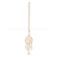 Natural Quartz Crystal with Rack Plating Brass Pendants Decorations, Plastic Imitation Pearl and Glass Beads, Cadmium Free & Lead Free, Round, 7-5/8 inch(19.5cm)(AJEW-B023-01G-03)