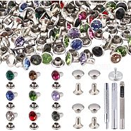 Brass Rhinestone Rivets, Caps and Studs, Steel Eyelets Installation & Leather Tools, for Leather Craft DIY Making, Platinum, Flat Round, Mixed Color, Stud: 6.5x6mm, Cap: 6x3mm, 200sets/box(KK-NB0001-05)