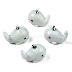 Handmade Porcelain Pendants, with Platinum Plated Brass Findings, Famille Rose Style, Whale, Light Cyan, 25~28x16~17x18~19mm, Hole: 1.6mm(PORC-N004-150F)