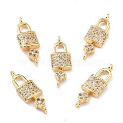Brass Micro Pave Clear Cubic Zirconia Links Connectors, Long-Lasting Plated, Lock with Key, Real 18K Gold Plated, 24x8x2.5mm, Hole: 1.4mm(ZIRC-L100-055G)