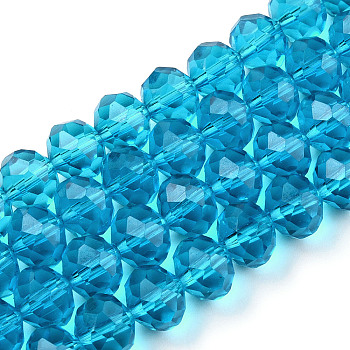 Glass Beads Strands, Faceted, Rondelle, Deep Sky Blue, 10x8mm, Hole: 1mm, about 65~66pcs/strand, 20.8~21.2 inch(53~54cm)