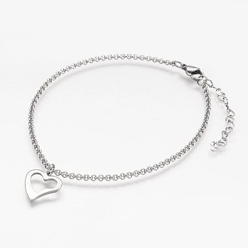 304 Stainless Steel Anklets, with Heart Charm and Rolo Chains, Stainless Steel Color, 9-1/8 inch(23.2cm), 2mm