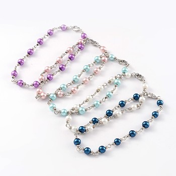 Glass Pearl Beads Anklets, with Brass Findings, Platinum, Mixed Color, 230mm