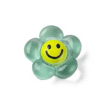 Translucent Resin Cabochons, Flower with Smiling Face, Medium Sea Green, 9x9x3.3mm