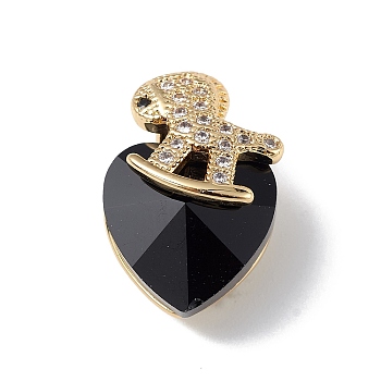 Real 18K Gold Plated Rack Plating Brass Micro Pave Clear Cubic Zirconia Pendants, with Glass, Long-Lasting Plated, Cadmium Free & Lead Free, Horse & Heart Charm, Black, 17.5x12x10mm, Hole: 2x4mm
