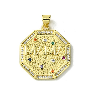 Mother's Day Real 18K Gold Plated Brass Micro Pave Cubic Zirconia Pendant, Word Mom, Octagon, 26x23x2mm, Hole: 5x3.5mm