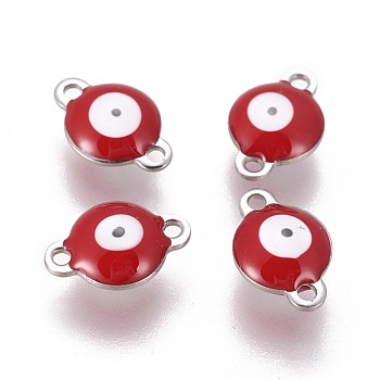 304 Stainless Steel Enamel Links connectors, Flat Round with Evil Eye, Stainless Steel Color, FireBrick, 14.5x10x4.5mm, Hole: 1.4mm