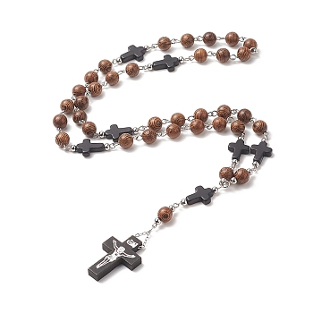 Natural Wood Rosary Bead Necklace, Synthetic Turquoise Cross Pendant Necklace for Women, Sienna, 25.20 inch(64cm)