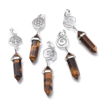 Natural Tiger Eye Pointed Big Pendants, Double Terminated Pointed, with Platinum Plated Brass Findings, Faceted, Bullet, 59~67x14~15mm, Hole: 7x5mm, Gemstone: 41~44x8mm