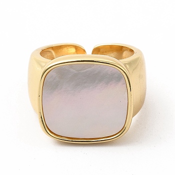 Natural Shell Rectangle Open Cuff Ring, Brass Jewelry for Women, Golden, Inner Diameter: 17mm