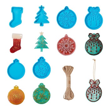 6Pcs Pendant Silicone Molds, Resin Casting Molds, for UV Resin, Epoxy Resin Craft Making, Christmas Theme, with 1 Bundle
 Jute Cord, Deep Sky Blue, Molds: 81~95x47~75x7~8mm, Hole: 3~5mm