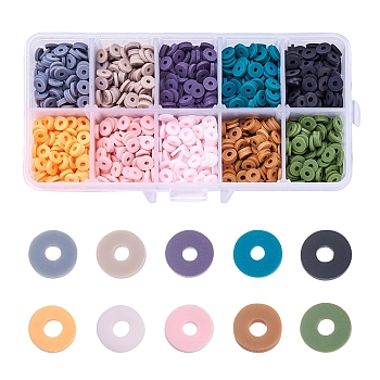 2100Pcs 10 Colors Handmade Polymer Clay Beads, Disc/Flat Round, Heishi Beads, Mixed Color, 6x1mm, Hole: 2mm, 210pcs/color