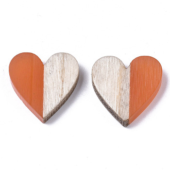 Resin & Wood Two Tone Cabochons, Heart, Coral, 15x14.5x3mm