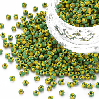 8/0 Two Tone Opaque Glass Seed Beads, Opaque Colours Seep, Round Hole, Column, Lime Green, 3~3.5x2~2.5mm, Hole: 1mm, about 450g/Pound