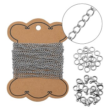 DIY 304 Stainless Steel Curb Necklace Making Kits, Including Open Jump Rings and Lobster Claw Clasps, Stainless Steel Color, Links: 3.5x2.5x0.5mm, 5m