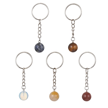 Natural & Synthetic Gemstone Round Keychain, with Iron Keychain Ring, 7cm