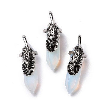 Opalite Pendants, with Antique Silver Tone Brass Findings, Cadmium Free & Lead Free, Double Terminal Pointed Bullet with Leaf, 44~47x14~15x14~15mm, Hole: 6.2x3.5mm