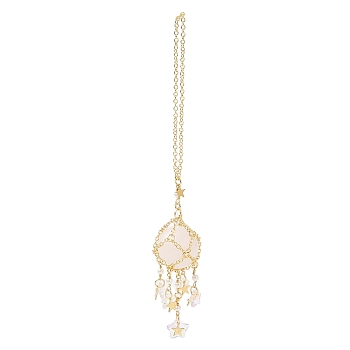 Natural Quartz Crystal with Rack Plating Brass Pendants Decorations, Plastic Imitation Pearl and Glass Beads, Cadmium Free & Lead Free, Round, 7-5/8 inch(19.5cm)