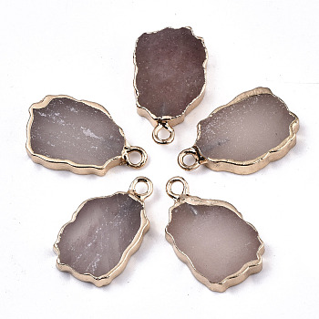 Natural Pink Aventurine Pendants, with Light Gold Plated Edge and Iron Loop, Nuggets, 19~21x12x3mm, Hole: 1.6mm