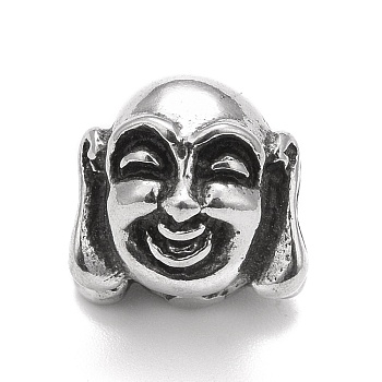 304 Stainless Steel European Beads, Large Hole Beads, Human Face, Antique Silver, 10.5x11x13mm, Hole: 4.6mm