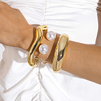 Oval Alloy & Iron & CCB Plastic & Plastic Pearl Bangles Set, Golden, Inner Diameter: 2-1/4 inch(5.8~6.4cm), 3pcs/set(FS-WGB93A7-19)