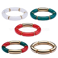5Pcs 5 Colors Acrylic Curved Tube Stretch Bracelets Set, Christmas Chunky Bracelets for Women, Mixed Color, Inner Diameter: 2-1/8 inch(5.5cm), 1Pc/color(sgBJEW-SW00069)