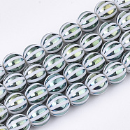 Electroplate Glass Beads Strands, Round with Stripe, Cadet Blue, 10x9.5mm, Hole: 1.2mm, about 30pcs/strand, 11.2 inch(EGLA-S177-11B-04)