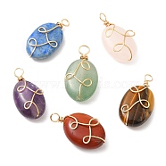 6Pcs Natural Mixed Gemstone Pendants, Oval Charms with Eco-Friendly Light Gold Plated Copper Wire Wrapped, 17.5~18.5x9~9.5x4.5~6mm, Hole: 1.8mm(PALLOY-JF02140)