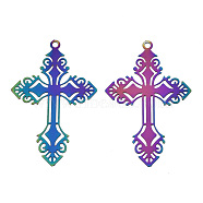 Ion Plating(IP) 201 Stainless Steel Filigree Pendants, Etched Metal Embellishments, Cross, Rainbow Color, 40x25x0.3mm, Hole: 1.6mm(X-STAS-S118-033)