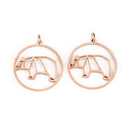 304 Stainless Steel Pendants, with Jump Rings, Laser Cut, Ring with Bear, Rose Gold, 16.5x15x1mm, Jump Ring: 2.8x0.5mm, 1.8mm inner diameter(STAS-S116-137RG)