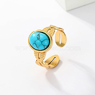 Real 18K Gold Plated Stainless Steel Open Cuff Rings, with Synthetic Turquoise, Oval, no size(XN6423-2)