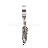 Stainless Steel Feather Dangle Hoop Earrings, Hip-hop Punk Jewelry for Women, Stainless Steel Color, 42.5x14x4mm, Pin: 0.9mm(EJEW-G286-08P)