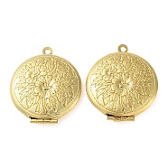 Rack Plating Brass Locket Pendants, Photo Frame Charms for Necklaces, Lead Free & Cadmium Free, Long-Lasting Plated, Flat Round with Flower Charm, Golden, 32x27x6.5mm, Hole: 1.8mm, Inner Diameter: 17mm(KK-M269-09G)