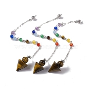 Natural Tiger Eye Cone Dowsing Pendulum Pendants, with Chakra Gemstone Round Beads, Rack Plating Platinum Tone Brass Findings & Chains, 235mm(G-G983-04P-04)