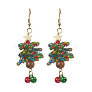 Glass Seed Beaded Dangle Earrings, with Natural Gemstone Beads and Brass Bell Charms, 304 Stainless Steel Earring Hooks, Christmas Tree, Colorful, 69x21mm(EJEW-MZ00170)