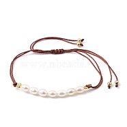 Adjustable Nylon Cord Braided Bead Bracelets, with Natural Cultured Freshwater Pearl Beads and Golden Plated Brass Beads, Saddle Brown, Inner Diameter: 1/2 inch~3-3/4 inch(1.4~9.5cm)(BJEW-JB05489-06)