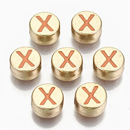 Alloy Enamel Beads, Cadmium Free & Lead Free, Flat Round with Initial Letters, Light Gold, Orange, Letter.X, 8x4mm, Hole: 1.5mm(X-ENAM-S122-029X-RS)